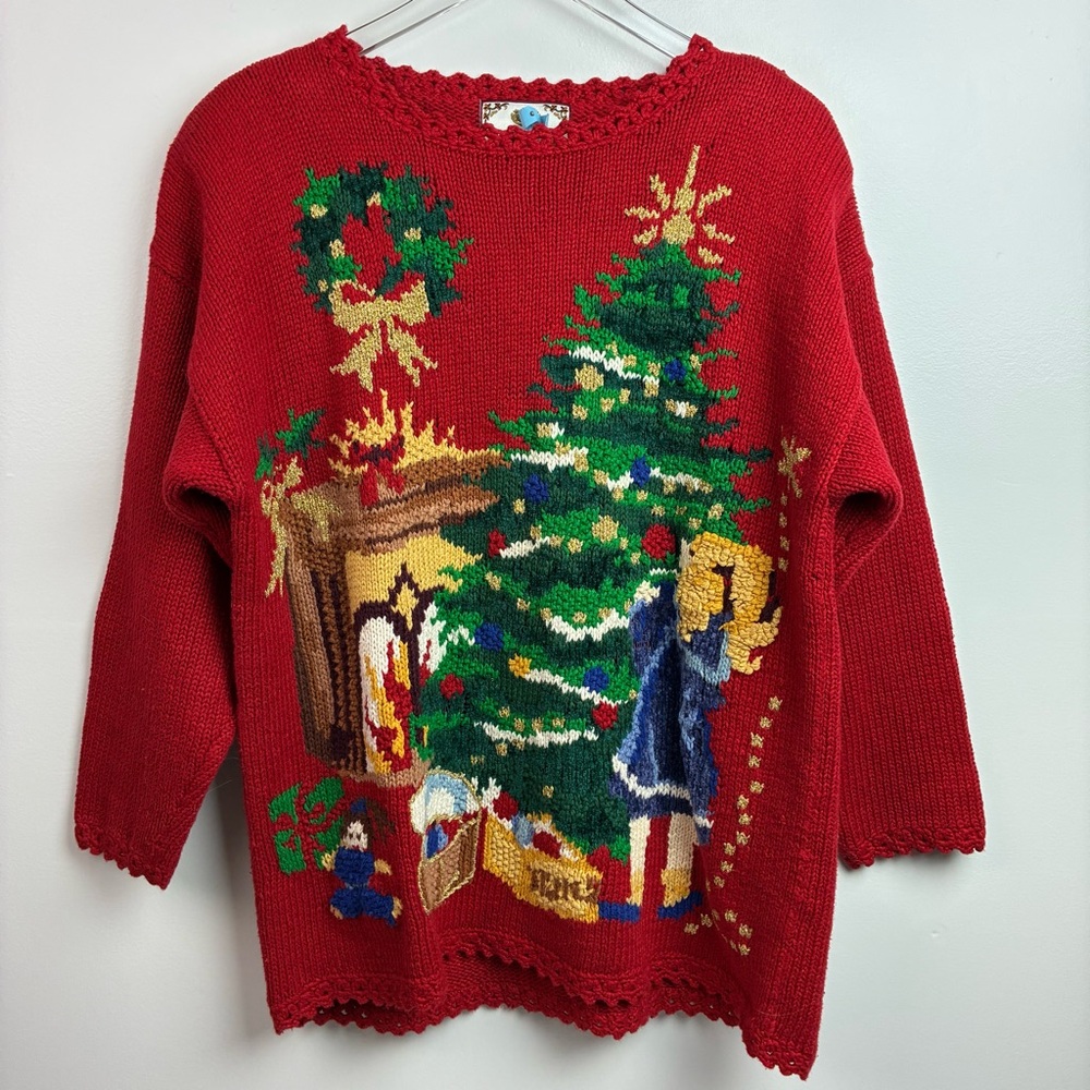 Women’s Red Holiday Knit Sweater with Christmas Tree Motif